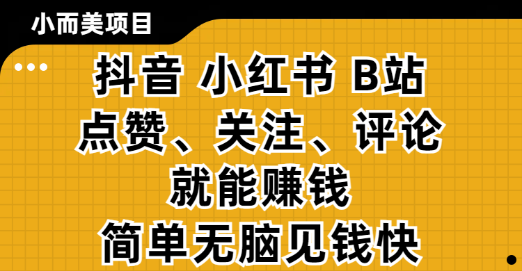 小而美的项目，抖音、小红书、B站视频点赞、关注、评论就能赚钱，简单无脑立见收益！妥妥的零撸项目柒柒网创吧-网创项目资源站-副业项目-创业项目-搞钱项目柒柒网创吧